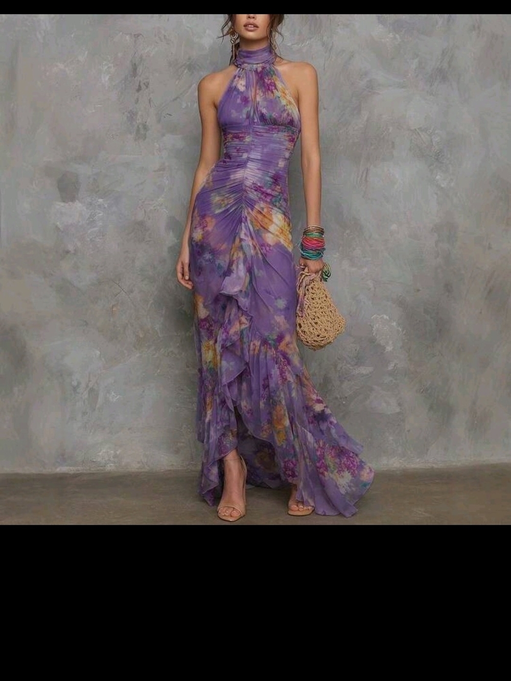 NWT SHEIN Purple Floral Halter Ruffle Maxi Dress -Size XL